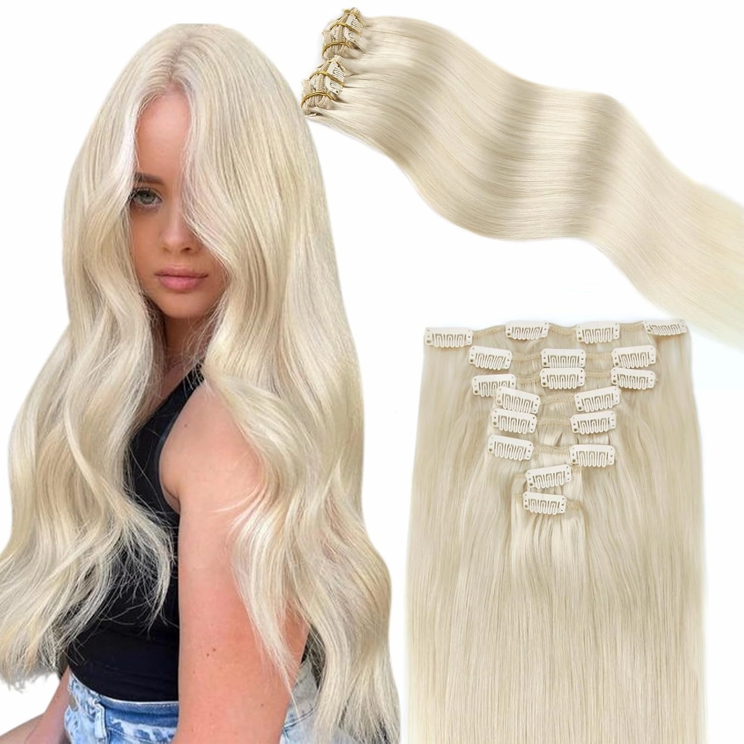 ABH AMAZINGBEAUTY HAIR Clip in Hair Extensions White Blonde 20 Inch Clip in Hair Extensions Human Hair Straight Skin Weft Clip on Real Human Hair #1000 Ice Blonde 8Pcs 120G Double Side Full Head