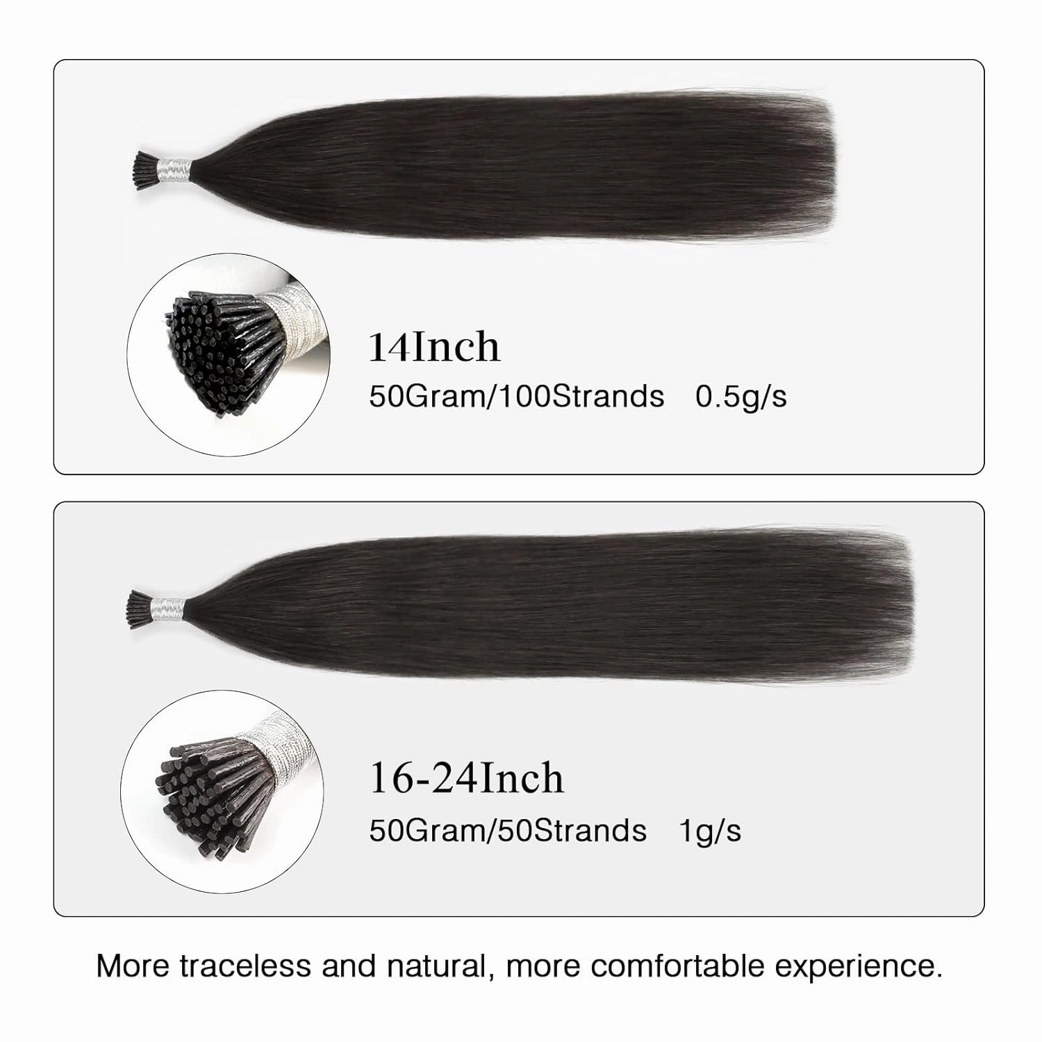 ABH AmazingBeauty Real Human Hair I Tip Extensions - 50 Grams Tip Fusion, 100 Strands, 14 Inch #1B Off Black Soft Natural Remy Hair