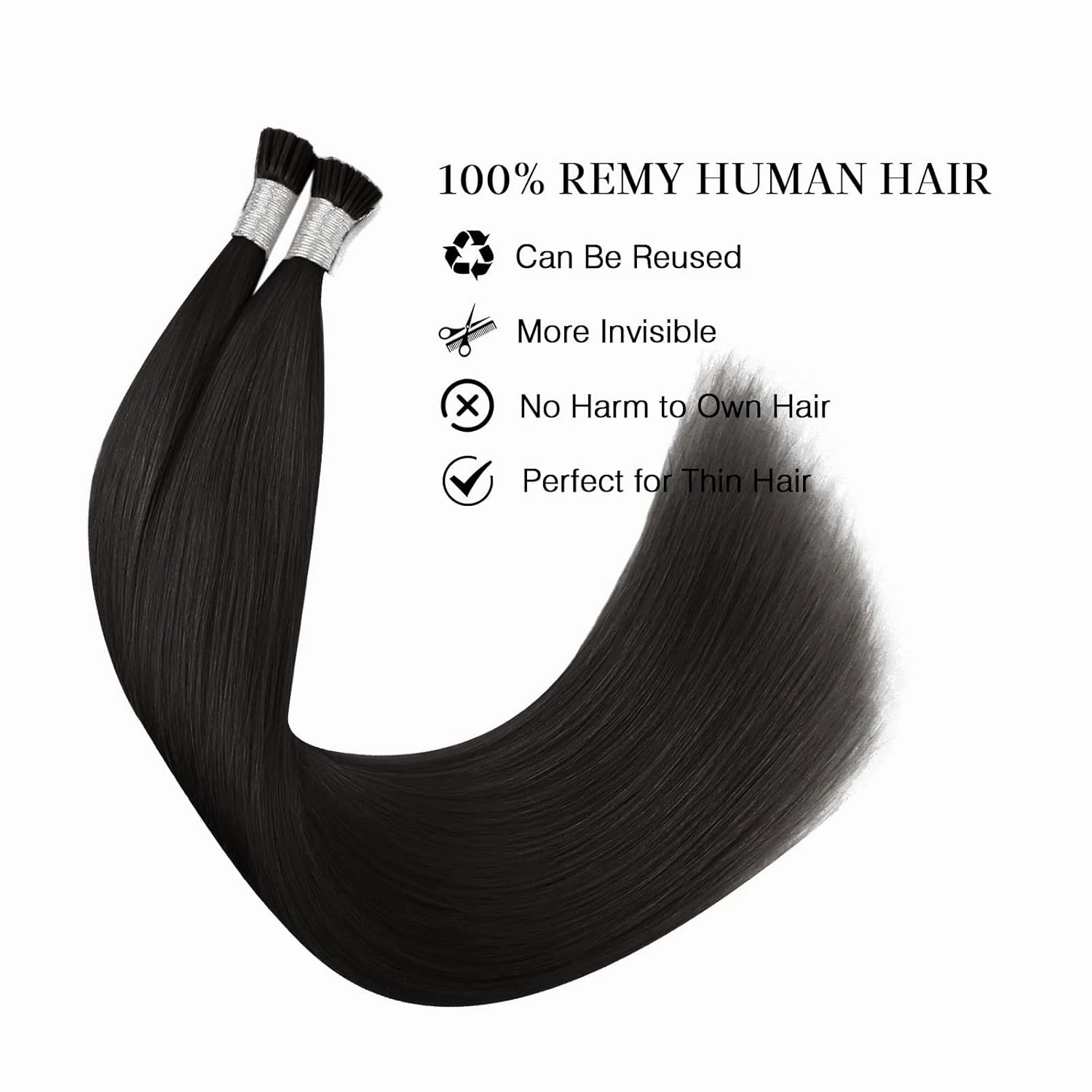 ABH AmazingBeauty Real Human Hair I Tip Extensions - 50 Grams Tip Fusion, 100 Strands, 14 Inch #1B Off Black Soft Natural Remy Hair