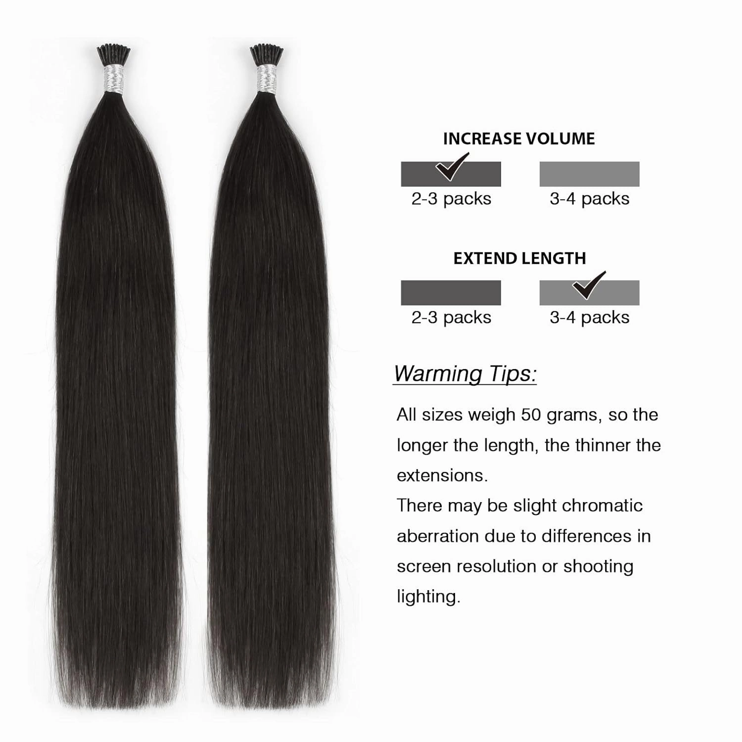 ABH AmazingBeauty Real Human Hair I Tip Extensions - 50 Grams Tip Fusion, 100 Strands, 14 Inch #1B Off Black Soft Natural Remy Hair