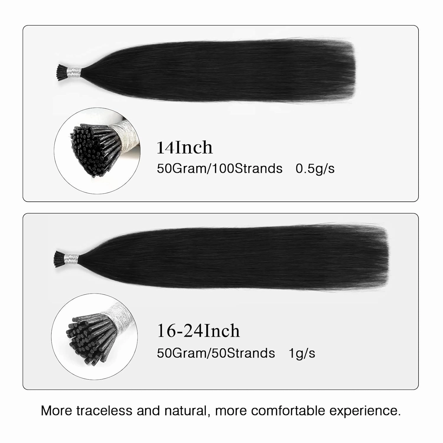 ABH AmazingBeauty Remy Natural Hair Extensions - Tips I Tip Human Hair Straight - Jet Black - Invisible Silky Straight - 50g 100strands - 14 Inch