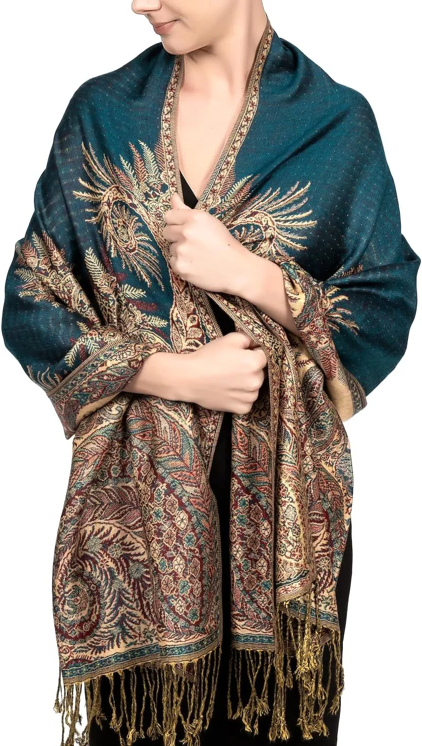 Achillea Reversible Paisley Pashmina Rave Scarf, Shawls and Wraps for Evening Dresses, Exotic Indian Scarves for All Season