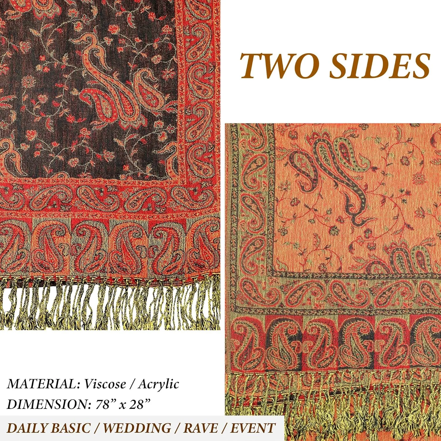 Achillea Reversible Paisley Pashmina Rave Scarf, Shawls and Wraps for Evening Dresses, Exotic Indian Scarves for All Season