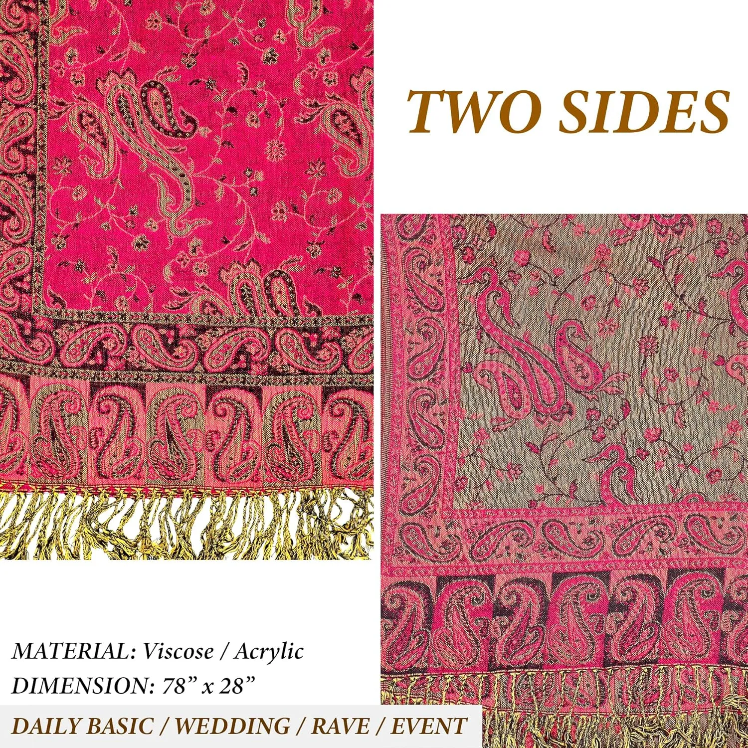 Achillea Reversible Paisley Pashmina Rave Scarf, Shawls and Wraps for Evening Dresses, Exotic Indian Scarves for All Season