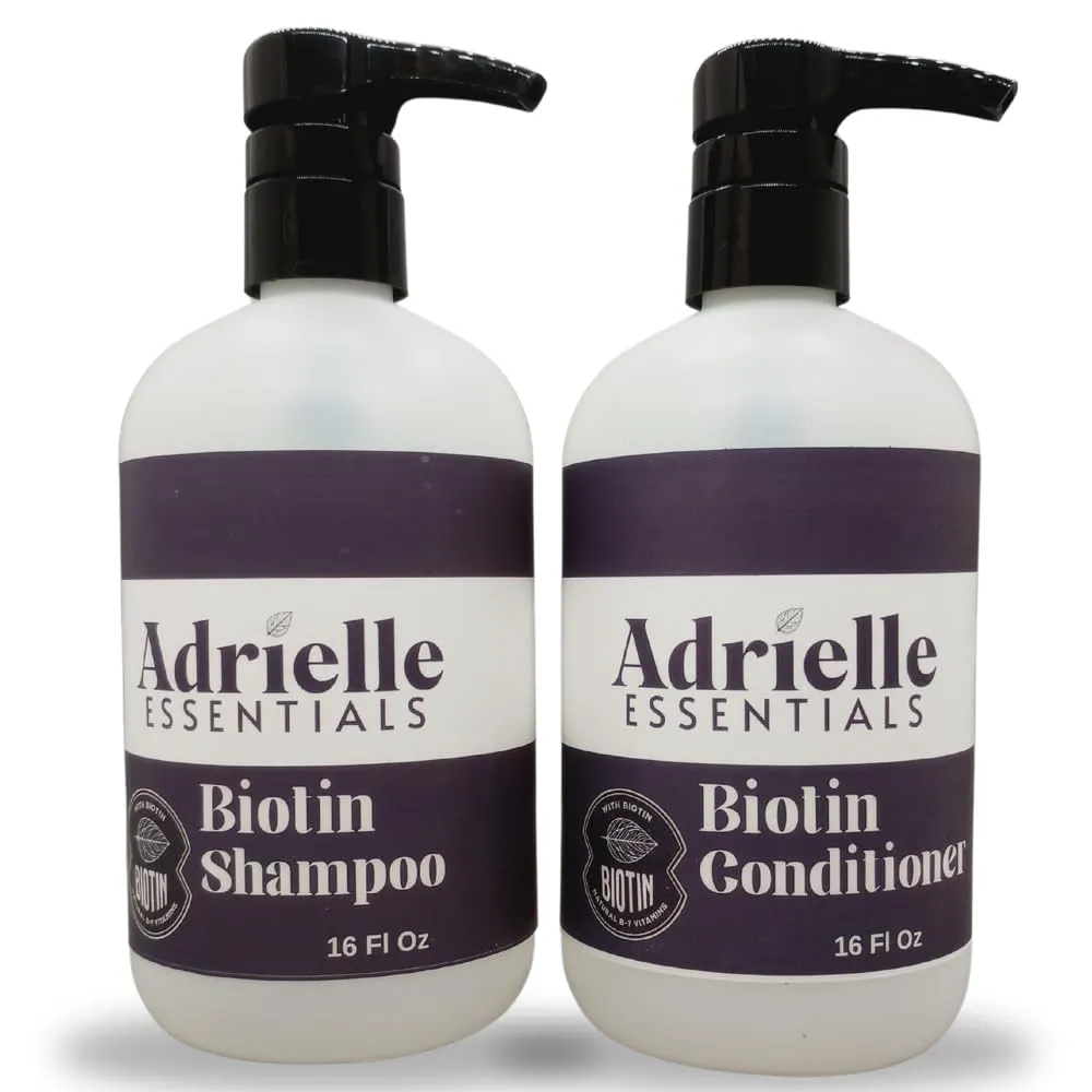 Adrielle Essentials Black Currant & Burnt Sugar Scented Biotin Hair Shampoo and Conditioner Set, 16 Oz Shampoo - 16 Oz Conditioner