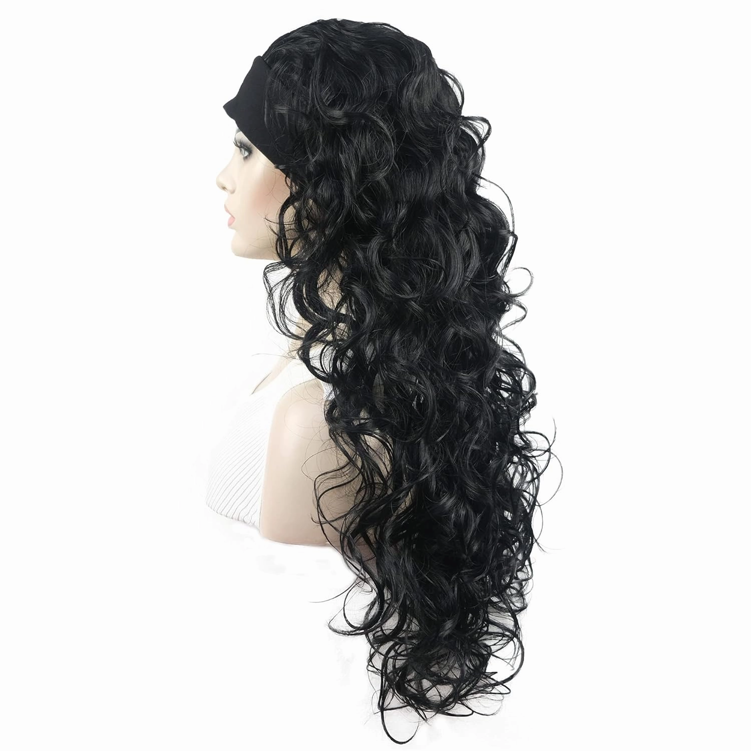 Aimole 26 inch Long Curly 3/4 Half Wig with Black Headband Premium Synthetic Women's Wig Natural Cut Hair(1 Black)