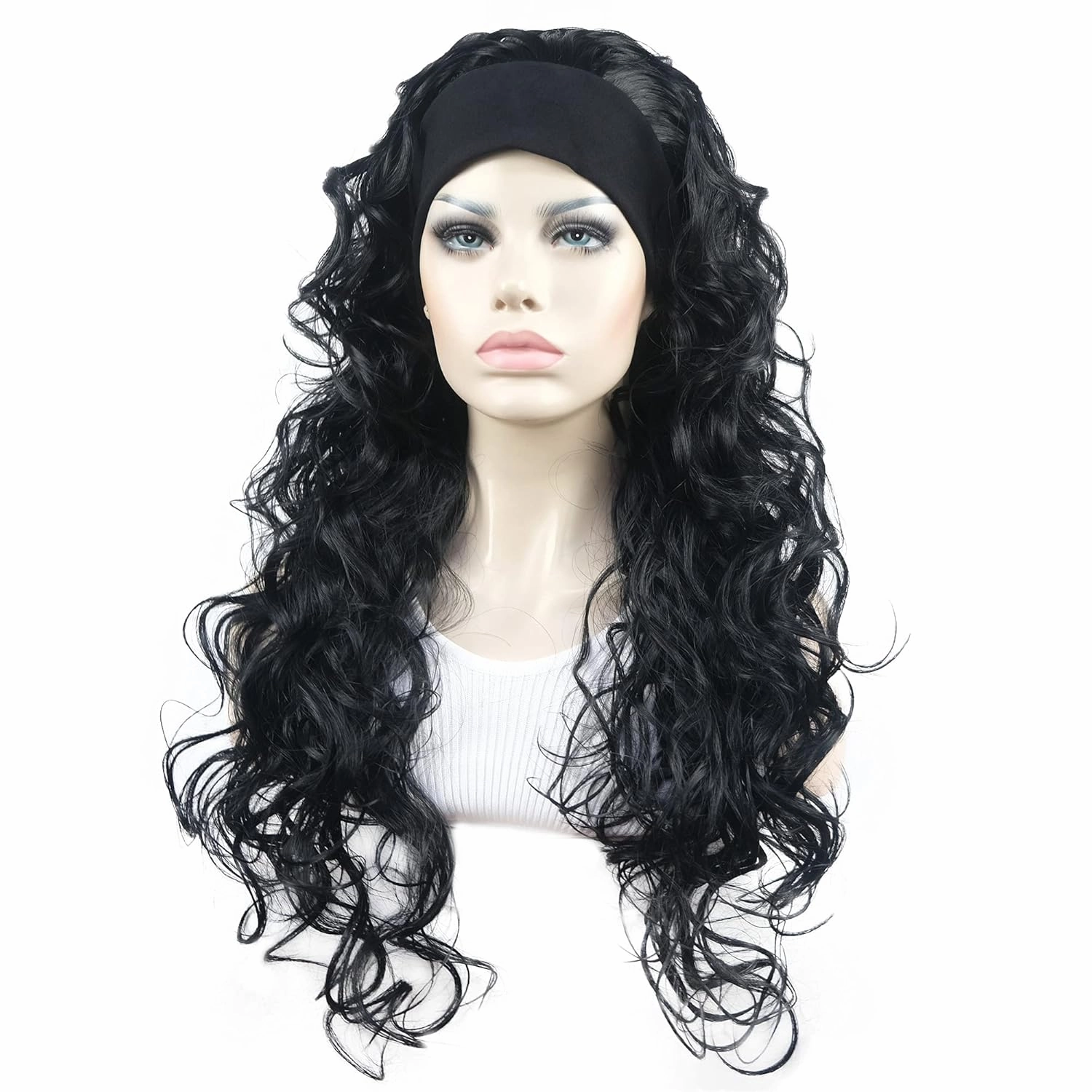 Aimole 26 inch Long Curly 3/4 Half Wig with Black Headband Premium Synthetic Women's Wig Natural Cut Hair(1 Black)