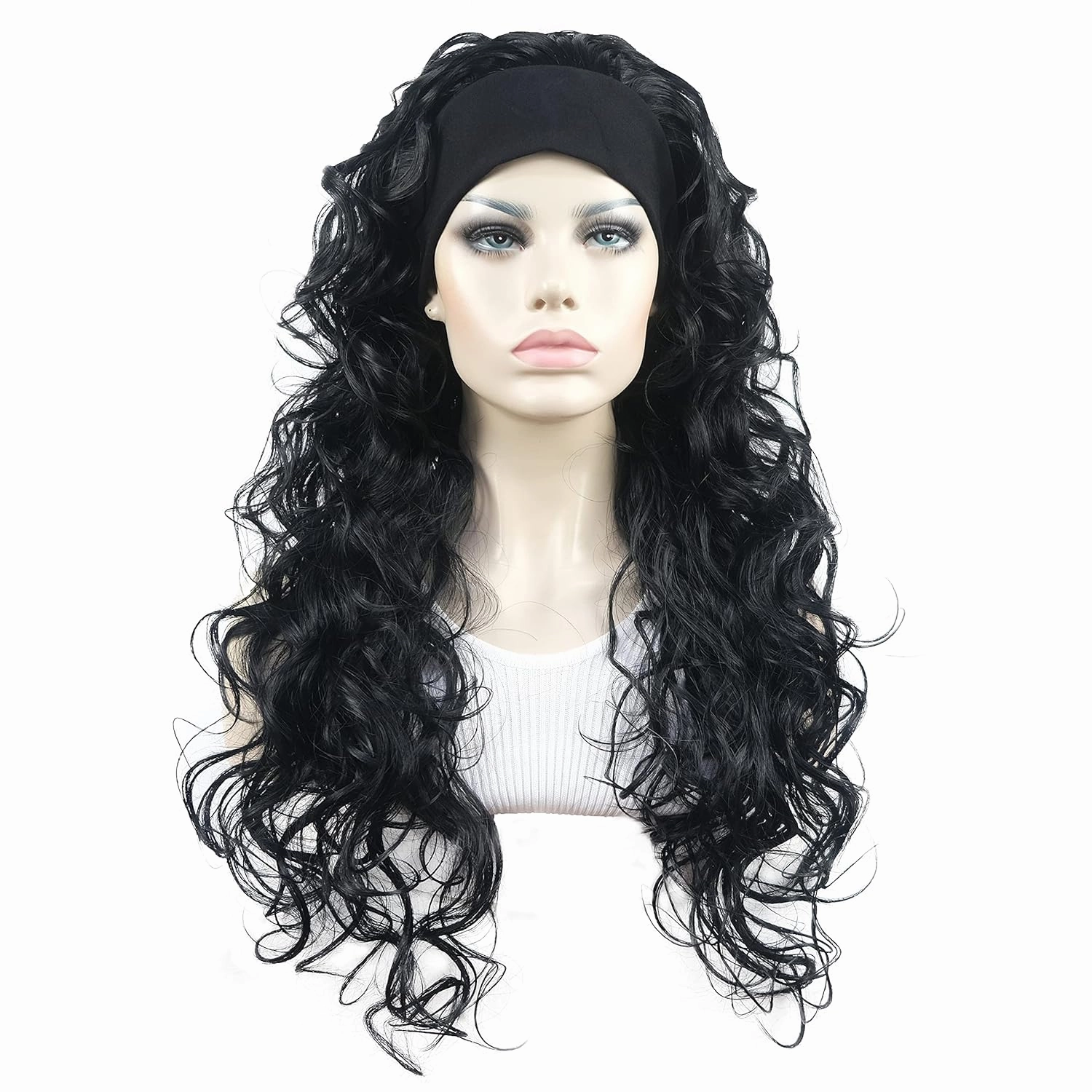 Aimole 26 inch Long Curly 3/4 Half Wig with Black Headband Premium Synthetic Women's Wig Natural Cut Hair(1 Black)