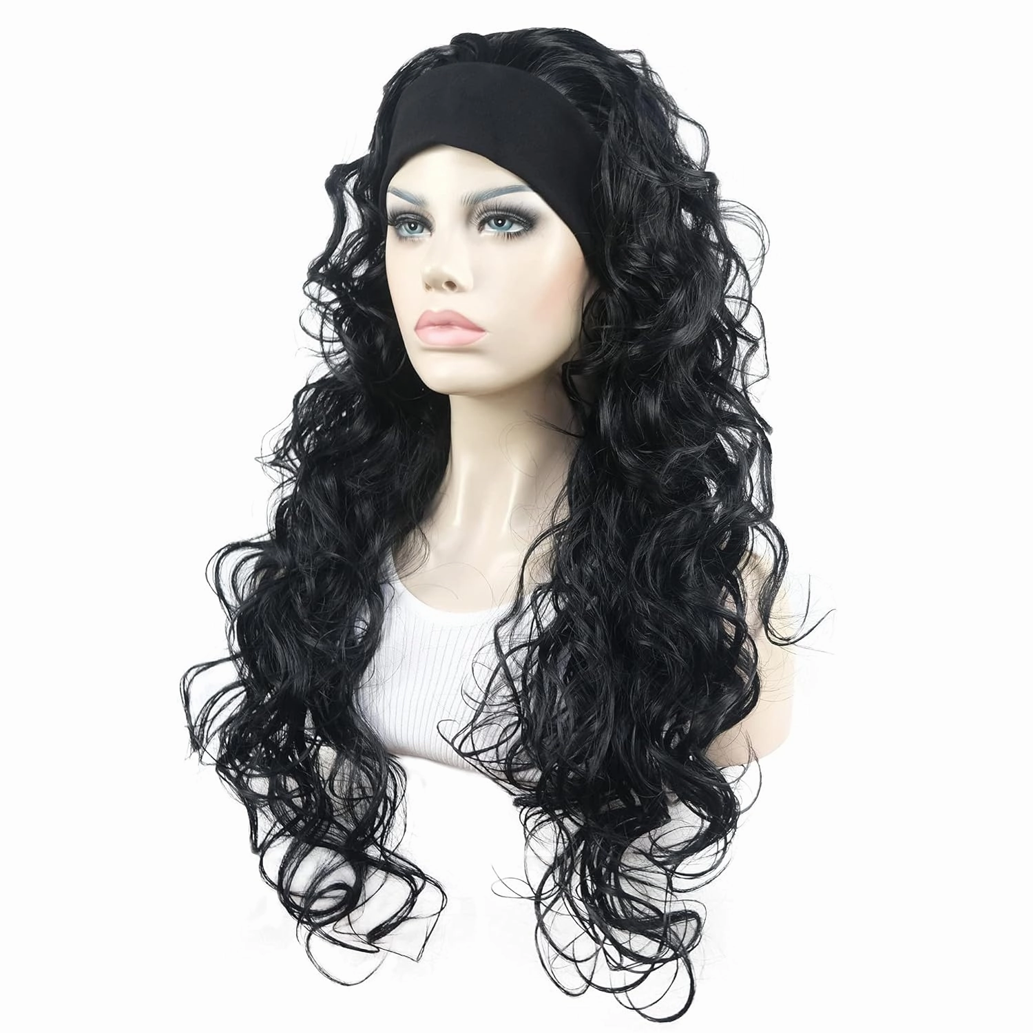 Aimole 26 inch Long Curly 3/4 Half Wig with Black Headband Premium Synthetic Women's Wig Natural Cut Hair(1 Black)
