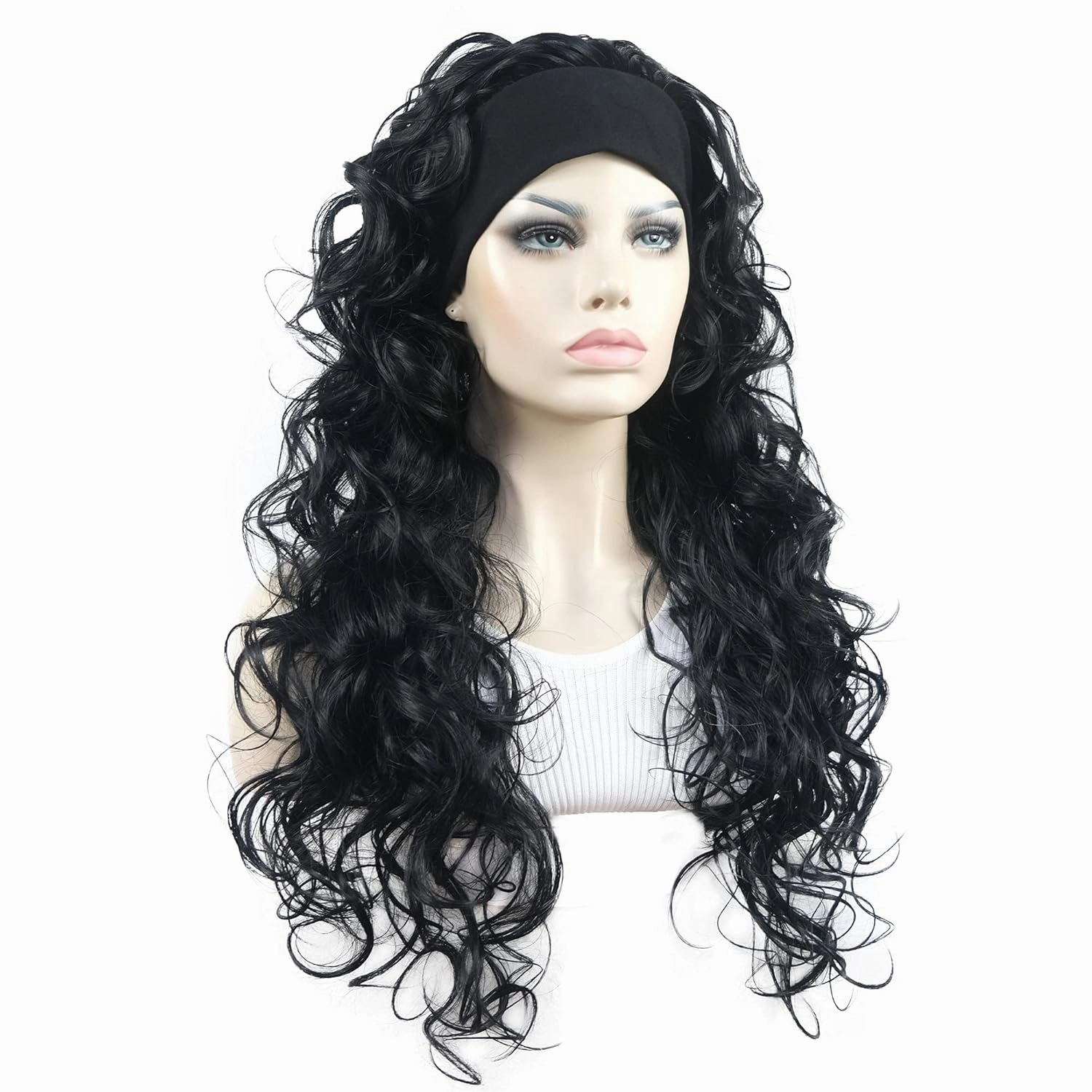 Aimole 26 inch Long Curly 3/4 Half Wig with Black Headband Premium Synthetic Women's Wig Natural Cut Hair(1 Black)