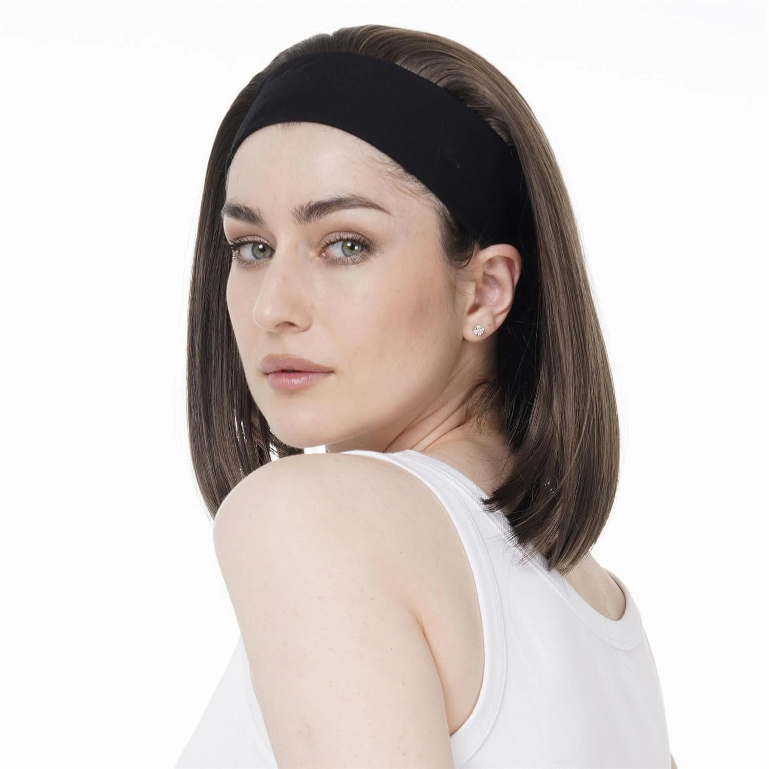 Aimole Short Straight Bob 3/4 Wig with Headband Half Synthetic Wigs Women Hair(8TT124 Brown with Highlights)
