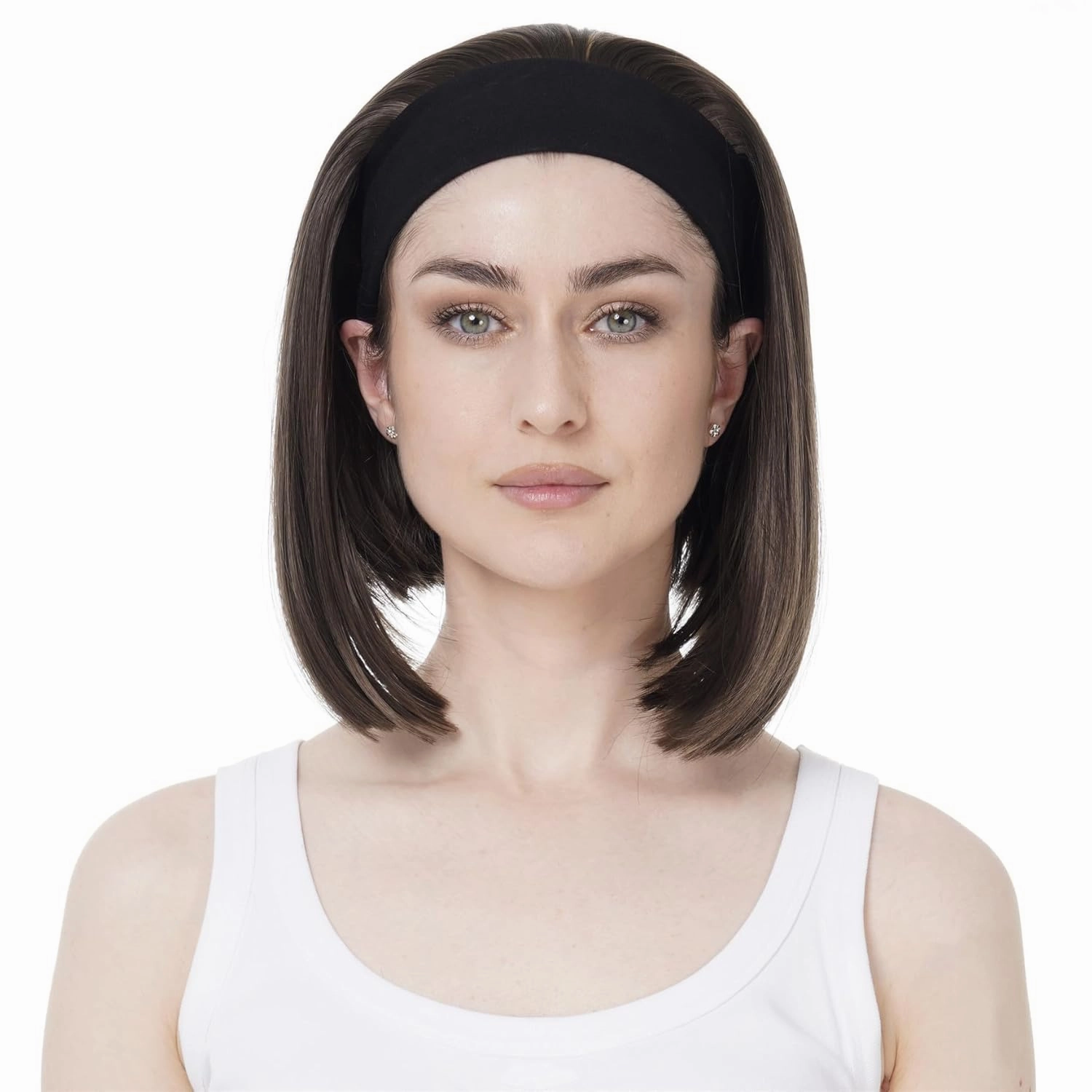 Aimole Short Straight Bob 3/4 Wig with Headband Half Synthetic Wigs Women Hair(8TT124 Brown with Highlights)