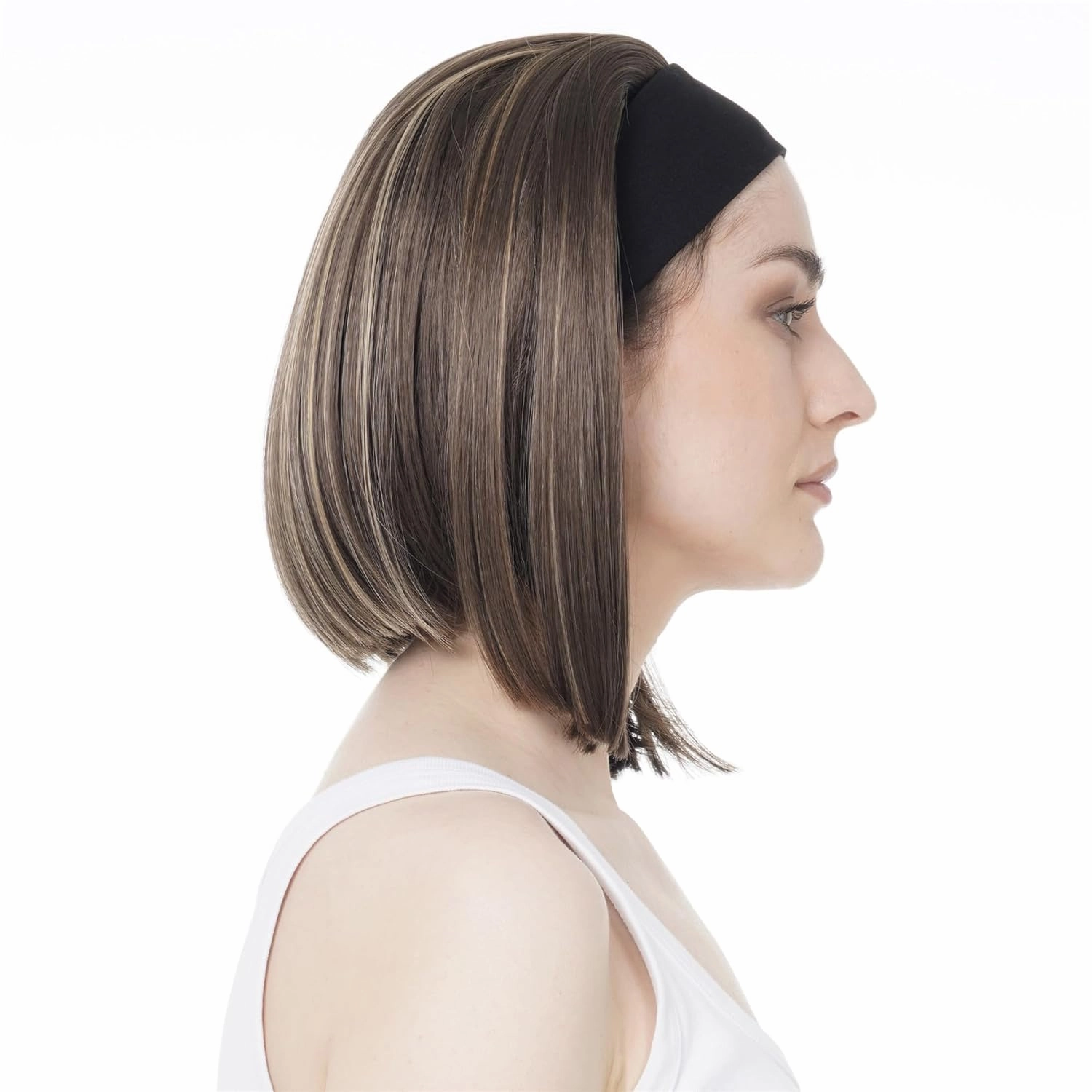 Aimole Short Straight Bob 3/4 Wig with Headband Half Synthetic Wigs Women Hair(8TT124 Brown with Highlights)