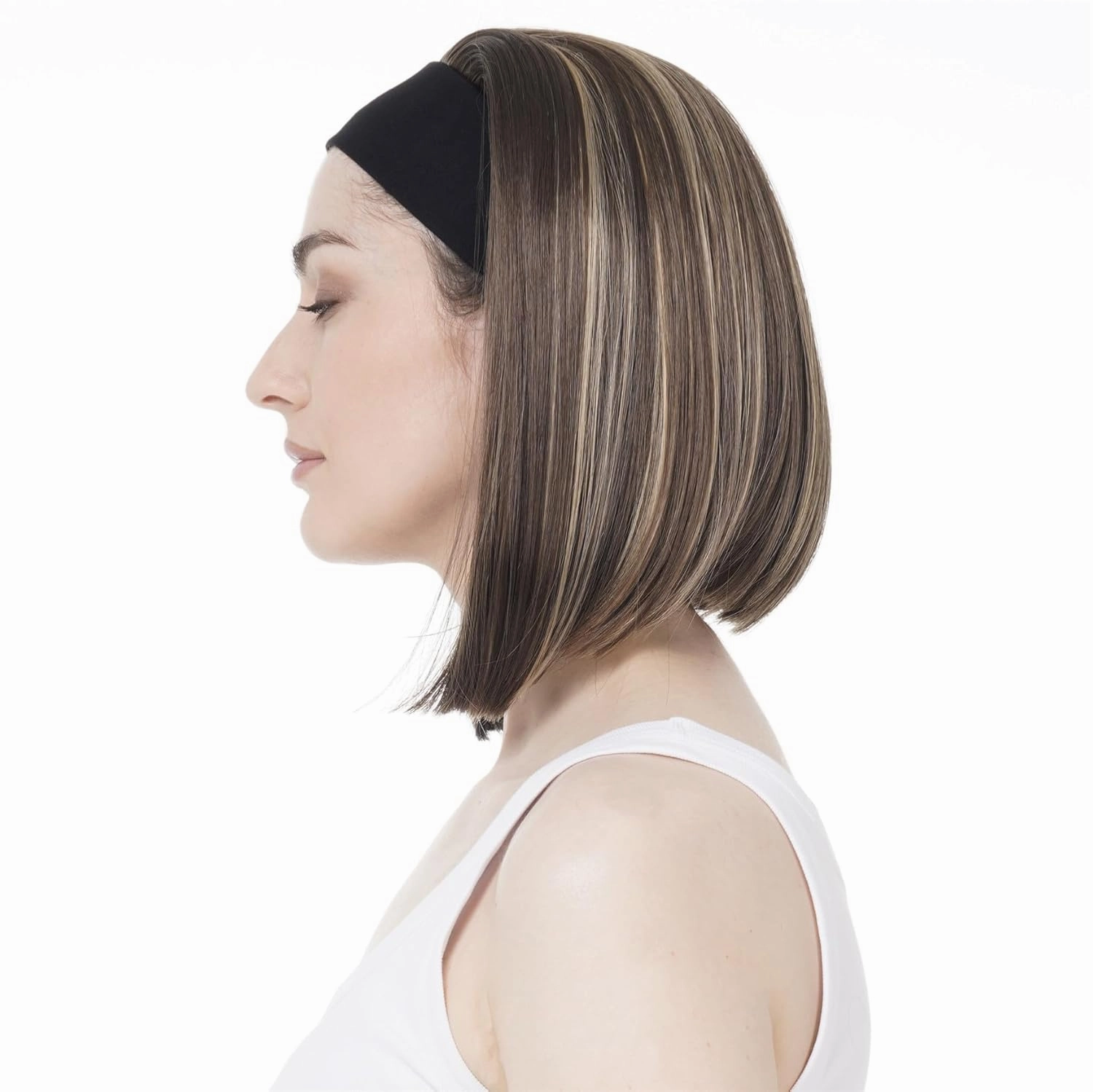 Aimole Short Straight Bob 3/4 Wig with Headband Half Synthetic Wigs Women Hair(8TT124 Brown with Highlights)