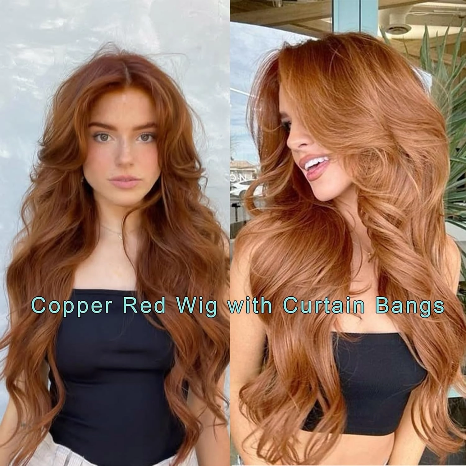 Aisaide Auburn Wig with Bangs Long Wavy Copper Red Layered Wig with Curtain Bangs for White Black Women,Synthetic Reddish Brown Layered Long Wavy Shaggy for Women 24inch