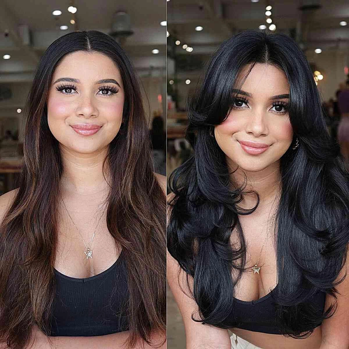 Aisaide Dark Brown Long Wavy Layered Wig with Curtain Bangs for Women Synthetic Brown Layered Wavy Wig Shaggy Blonde Butterfly for Women 24inch.