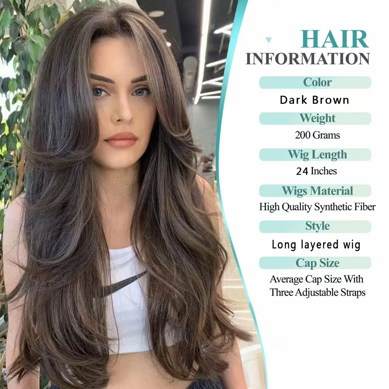 Aisaide Dark Brown Long Wavy Layered Wig with Curtain Bangs for Women Synthetic Brown Layered Wavy Wig Shaggy Blonde Butterfly for Women 24inch.