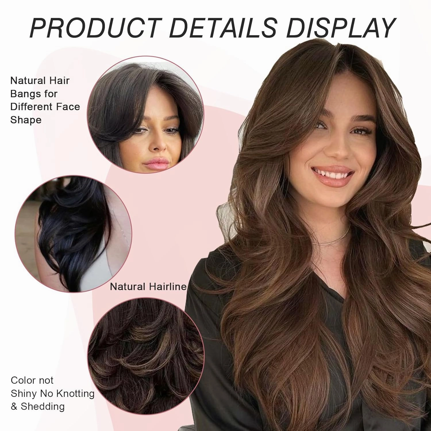 Aisaide Dark Brown Long Wavy Layered Wig with Curtain Bangs for Women Synthetic Brown Layered Wavy Wig Shaggy Blonde Butterfly for Women 24inch.