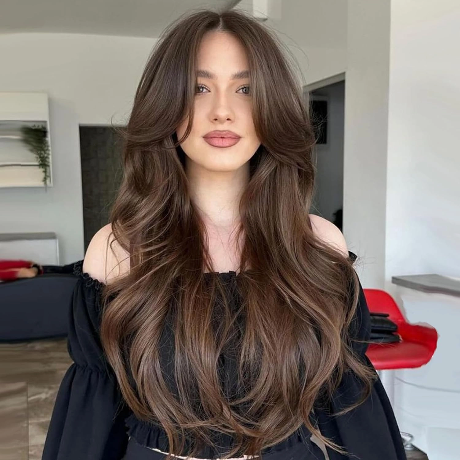 Aisaide Dark Brown Long Wavy Layered Wig with Curtain Bangs for Women Synthetic Brown Layered Wavy Wig Shaggy Blonde Butterfly for Women 24inch.