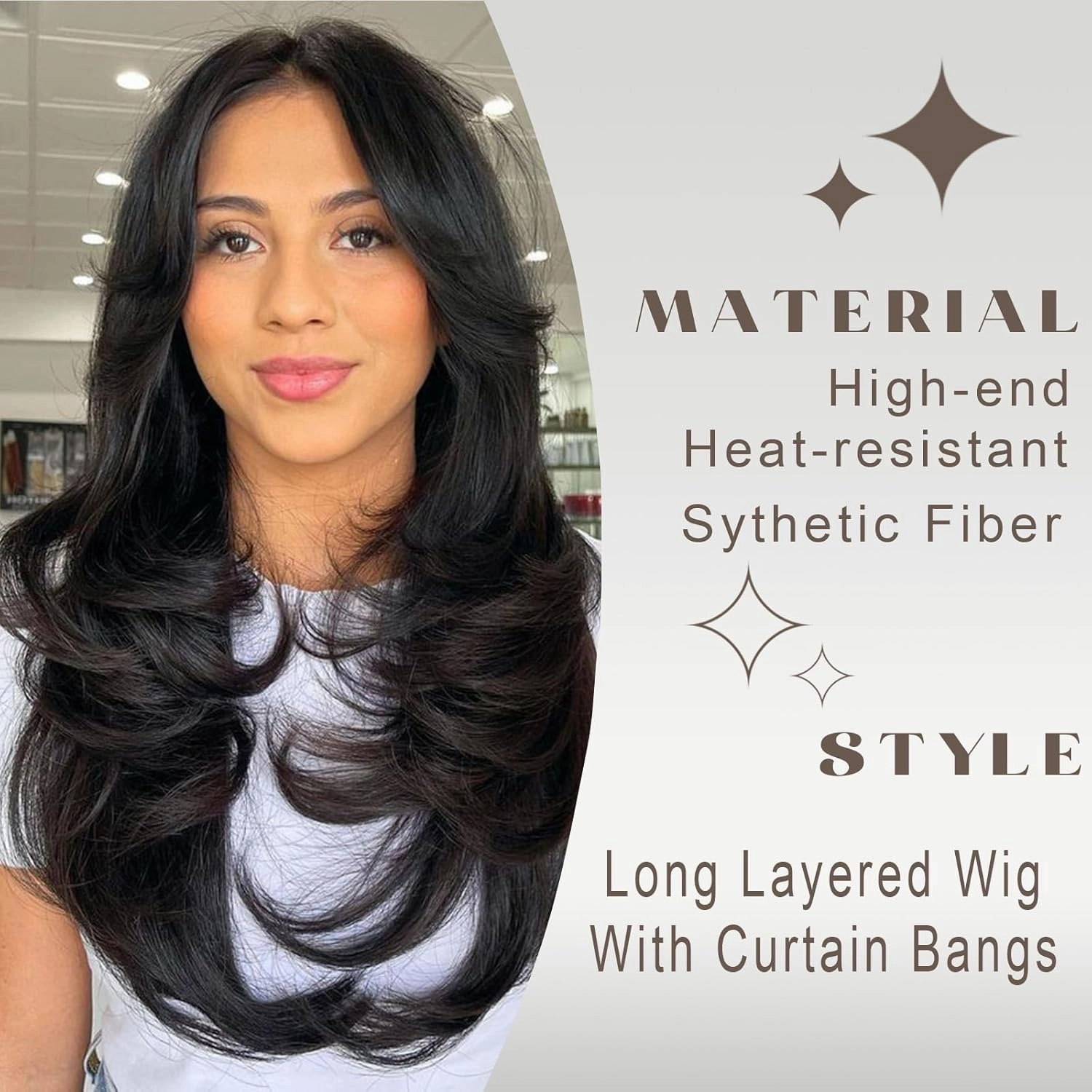 Aisaide Dark Brown Long Wavy Layered Wig with Curtain Bangs for Women Synthetic Brown Layered Wavy Wig Shaggy Blonde Butterfly for Women 24inch.