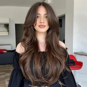 Aisaide Dark Brown Long Wavy Layered Wig with Curtain Bangs for Women Synthetic Brown Layered Wavy Wig Shaggy Blonde Butterfly for Women 24inch.