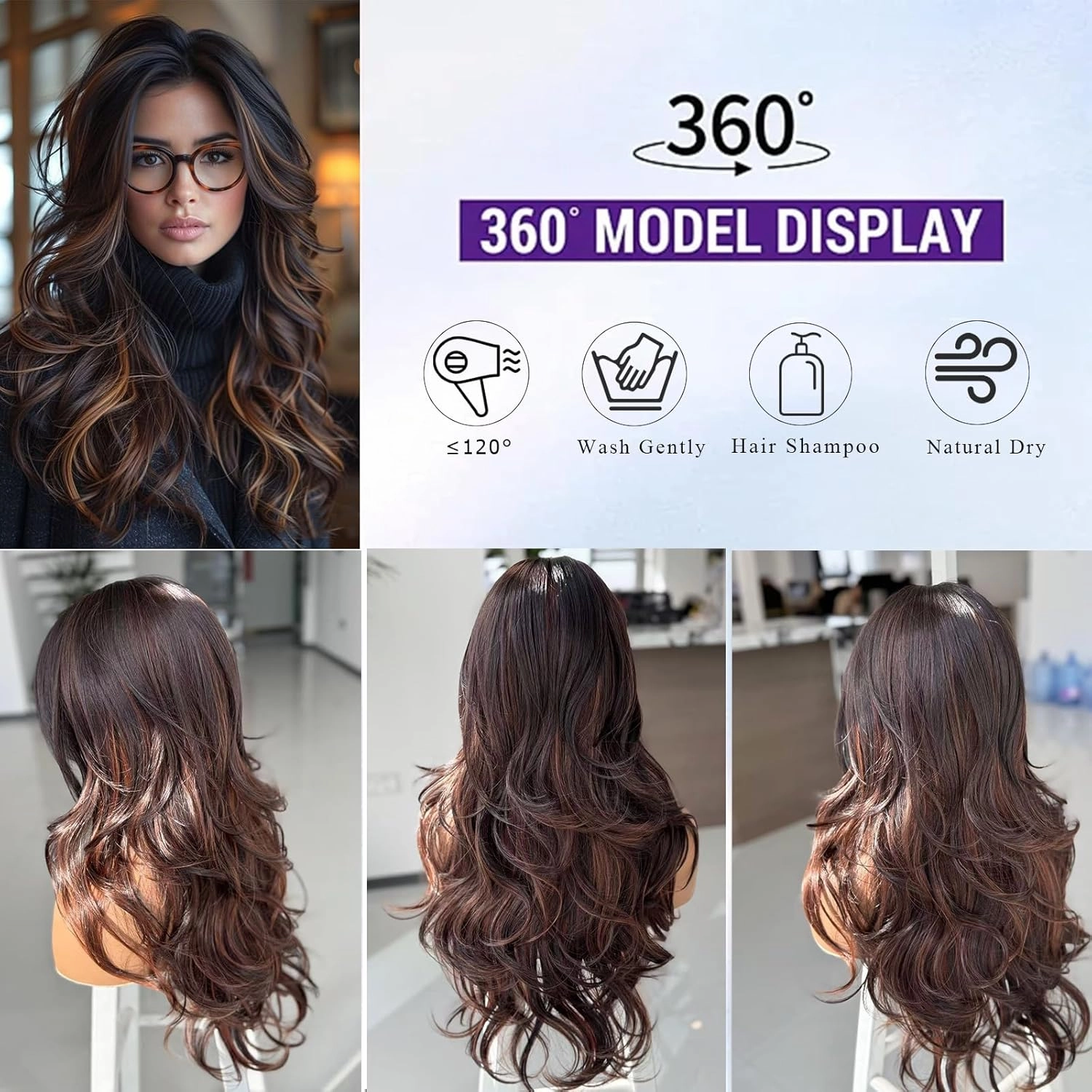 Aisaide Long Wavy Highlight Brown Layered Wig with Curtain Bangs for Black Women Synthetic Ombre Brown Layered Wig Long Wavy Highlight Blonde Shaggy for Women 24 inch