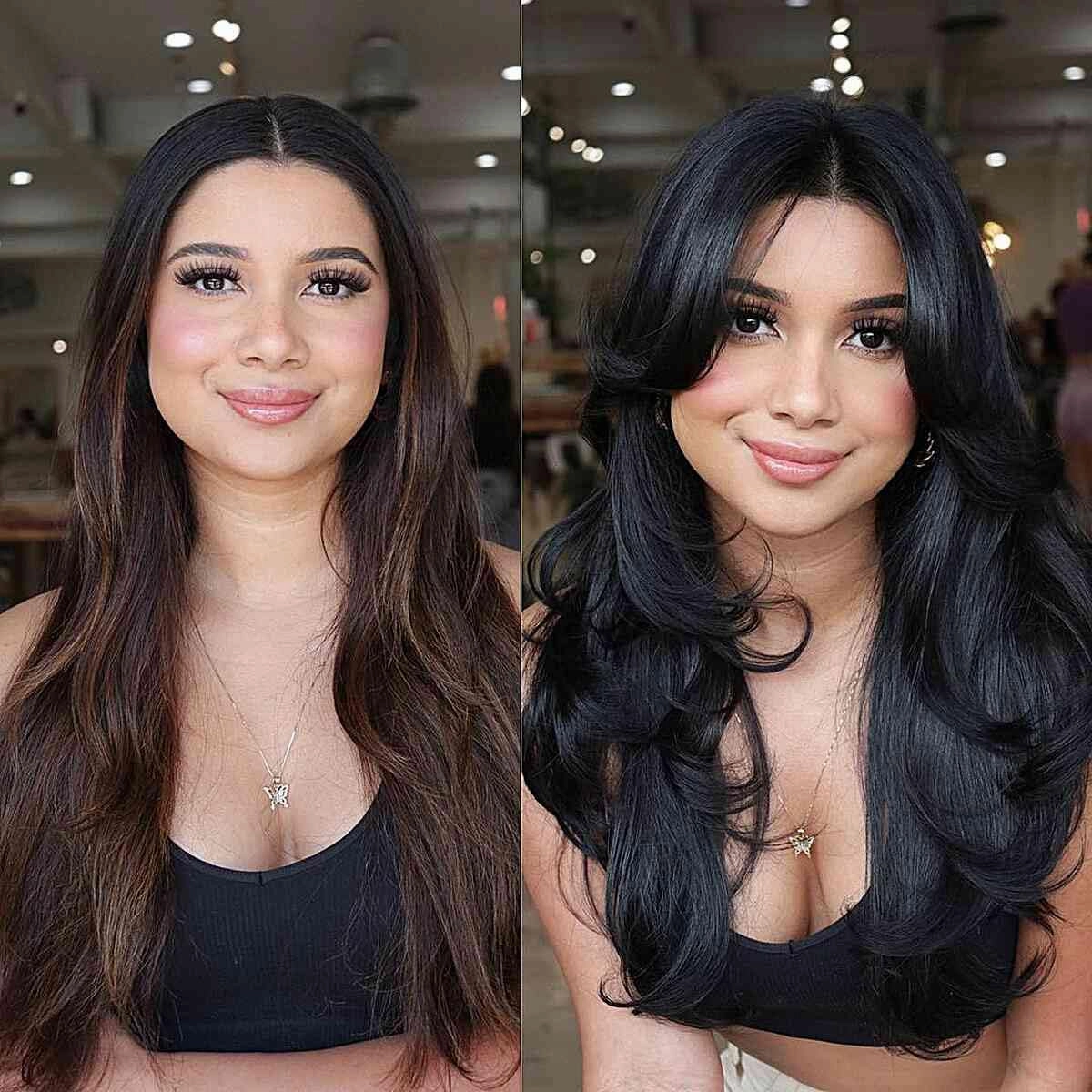 Aisaide Long Wavy Highlight Brown Layered Wig with Curtain Bangs for Black Women Synthetic Ombre Brown Layered Wig Long Wavy Highlight Blonde Shaggy for Women 24 inch
