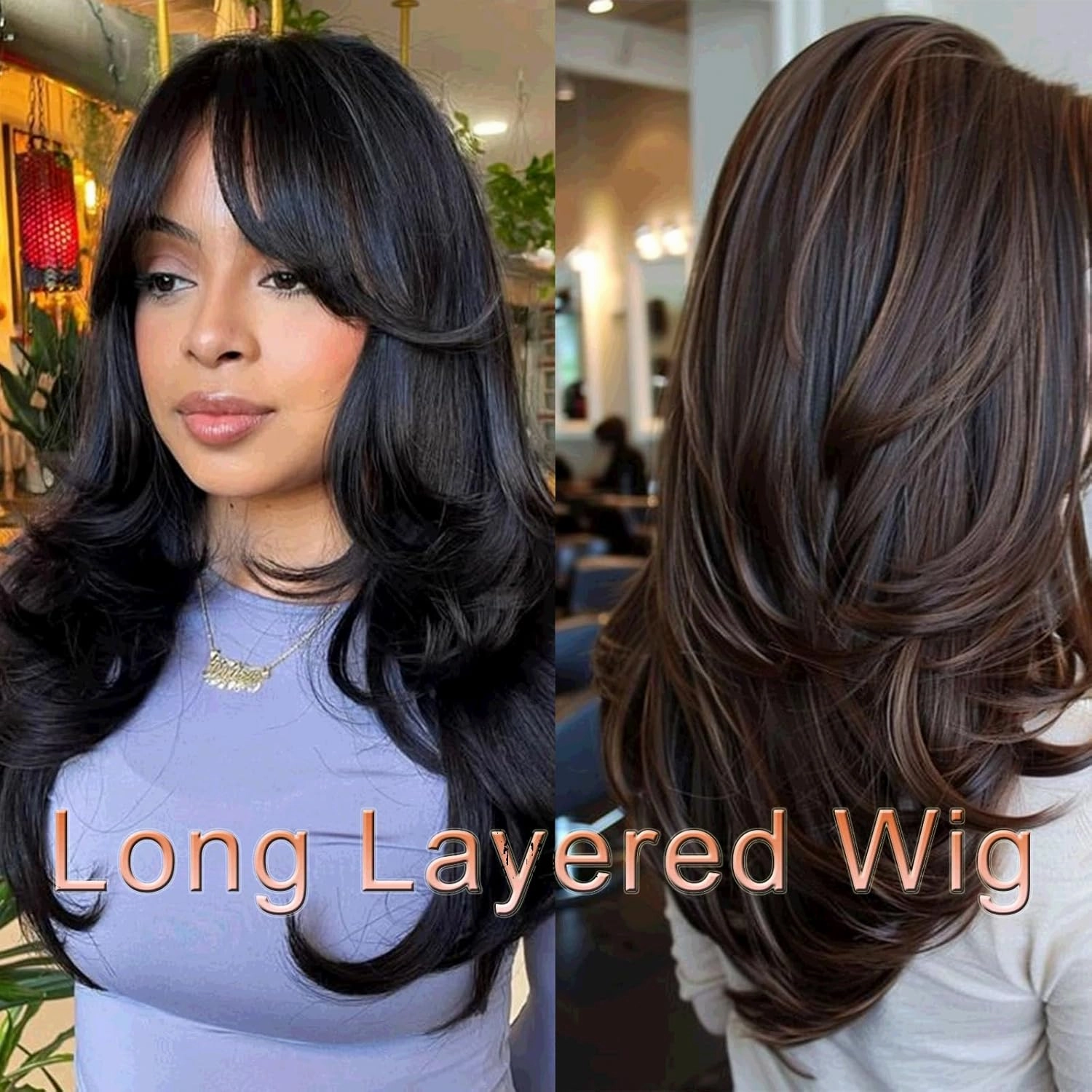 Aisaide Long Wavy Highlight Brown Layered Wig with Curtain Bangs for Black Women Synthetic Ombre Brown Layered Wig Long Wavy Highlight Blonde Shaggy for Women 24 inch