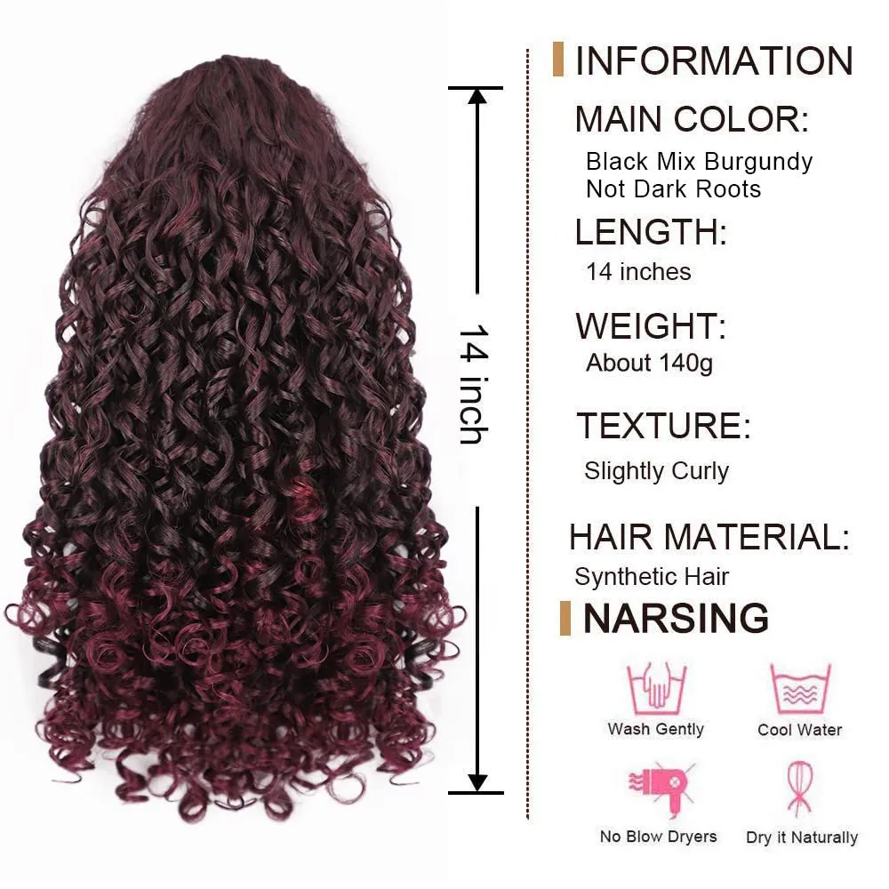 AISI BEAUTY Afro Curly Ponytail Extension Drawstring Ponytail for Black Women 14 Inch Synthetic Hairpieces with 2 Clips for Women (Mix Burgundy with Burgundy Ends)