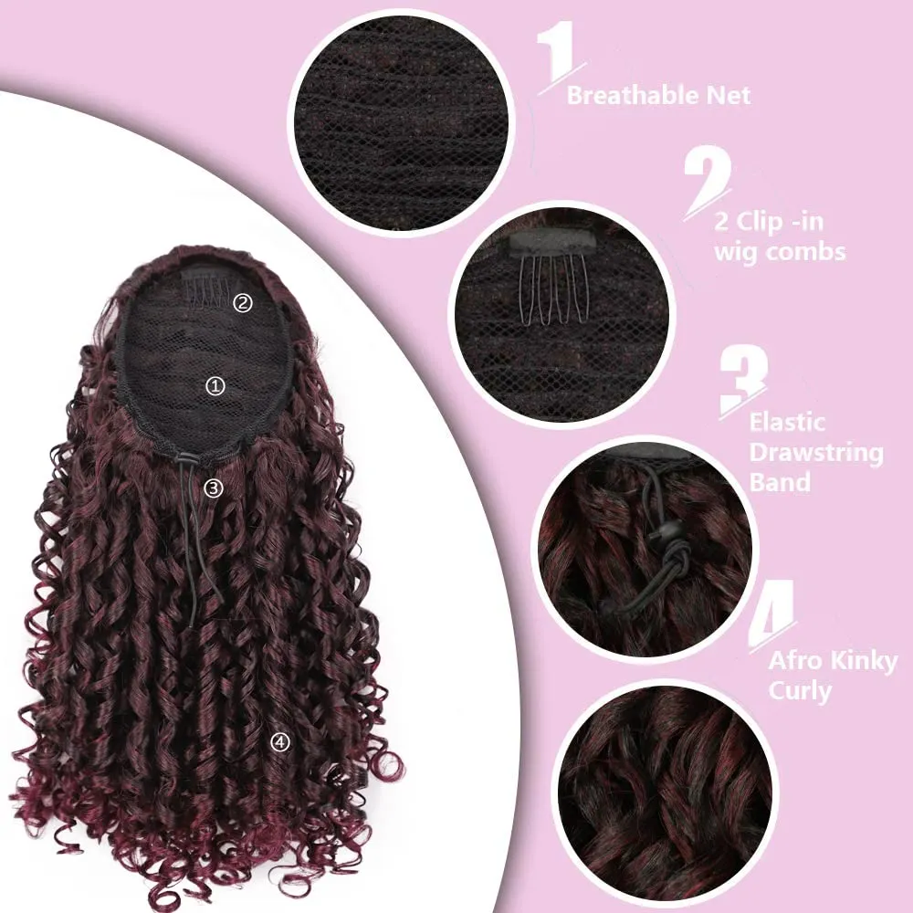 AISI BEAUTY Afro Curly Ponytail Extension Drawstring Ponytail for Black Women 14 Inch Synthetic Hairpieces with 2 Clips for Women (Mix Burgundy with Burgundy Ends)