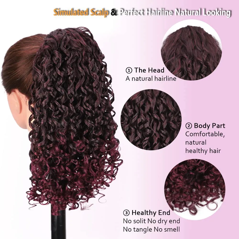 AISI BEAUTY Afro Curly Ponytail Extension Drawstring Ponytail for Black Women 14 Inch Synthetic Hairpieces with 2 Clips for Women (Mix Burgundy with Burgundy Ends)