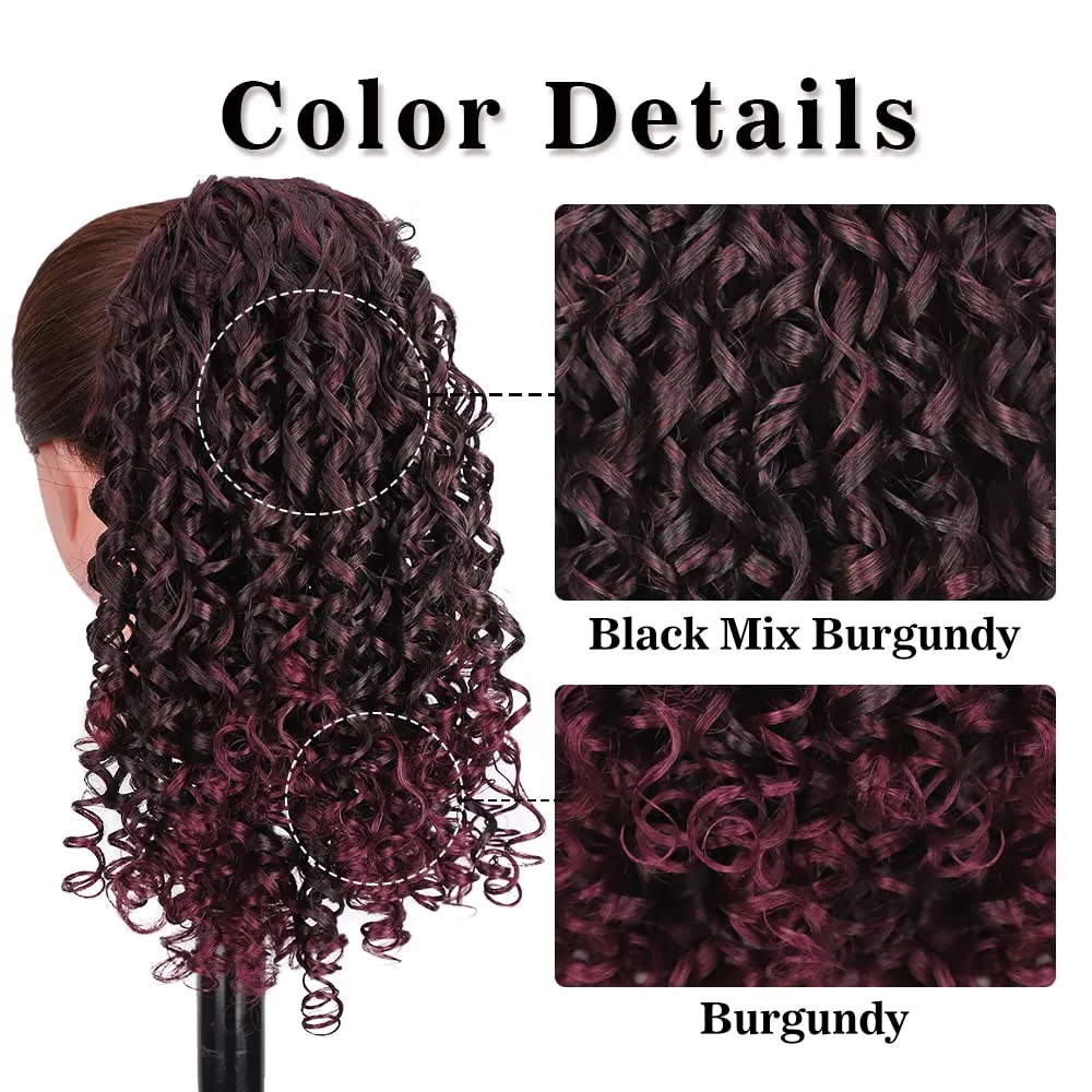 AISI BEAUTY Afro Curly Ponytail Extension Drawstring Ponytail for Black Women 14 Inch Synthetic Hairpieces with 2 Clips for Women (Mix Burgundy with Burgundy Ends)