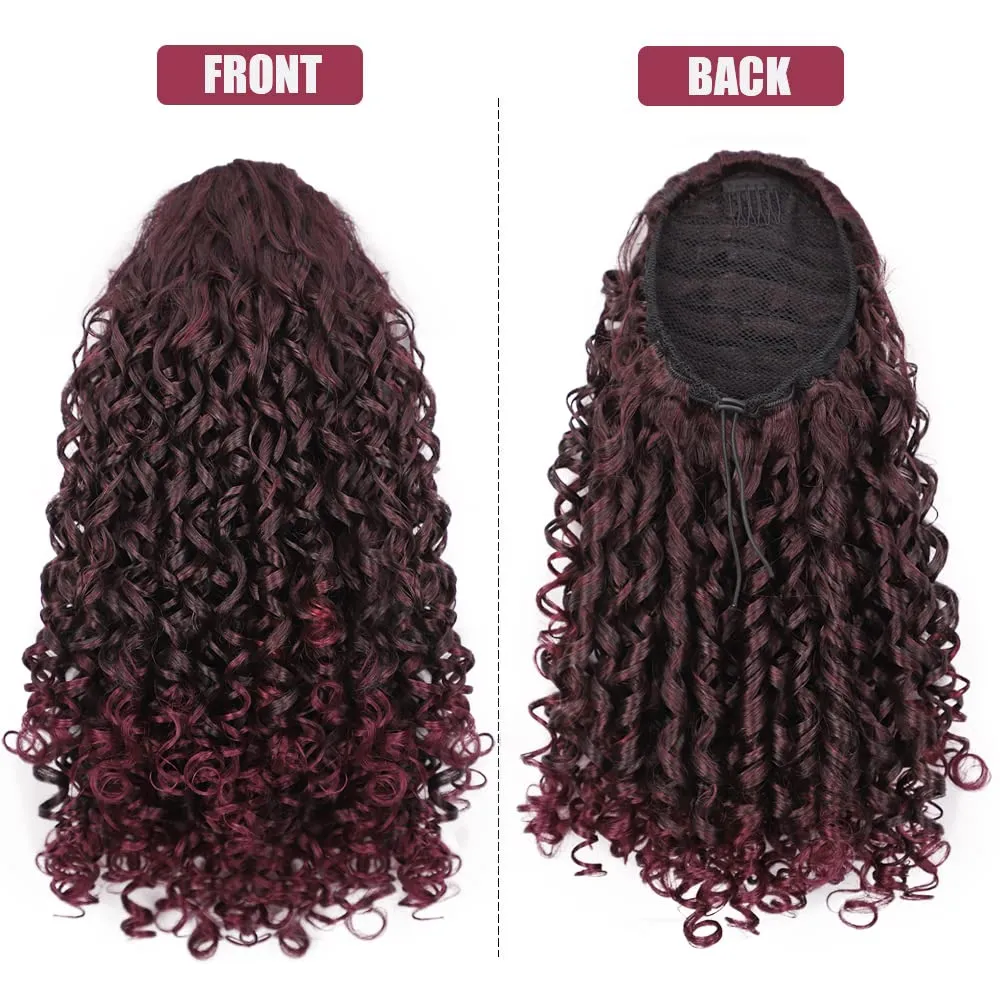 AISI BEAUTY Afro Curly Ponytail Extension Drawstring Ponytail for Black Women 14 Inch Synthetic Hairpieces with 2 Clips for Women (Mix Burgundy with Burgundy Ends)