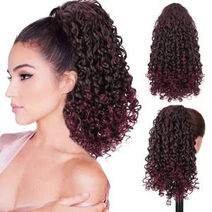 AISI BEAUTY Afro Curly Ponytail Extension Drawstring Ponytail for Black Women 14 Inch Synthetic Hairpieces with 2 Clips for Women (Mix Burgundy with Burgundy Ends)