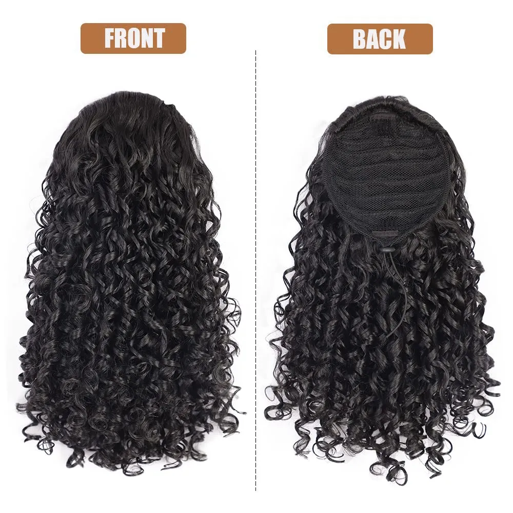 AISI BEAUTY Black Curly Ponytail Extension Drawstring Ponytail for Black Women 14 Inch Fake Pony Tail Synthetic Ponytail with 2 Clips in(Jet Black)