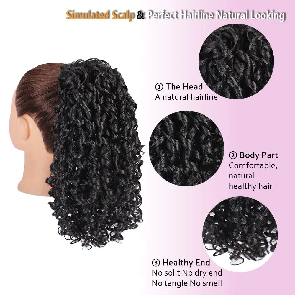 AISI BEAUTY Black Curly Ponytail Extension Drawstring Ponytail for Black Women 14 Inch Fake Pony Tail Synthetic Ponytail with 2 Clips in(Jet Black)