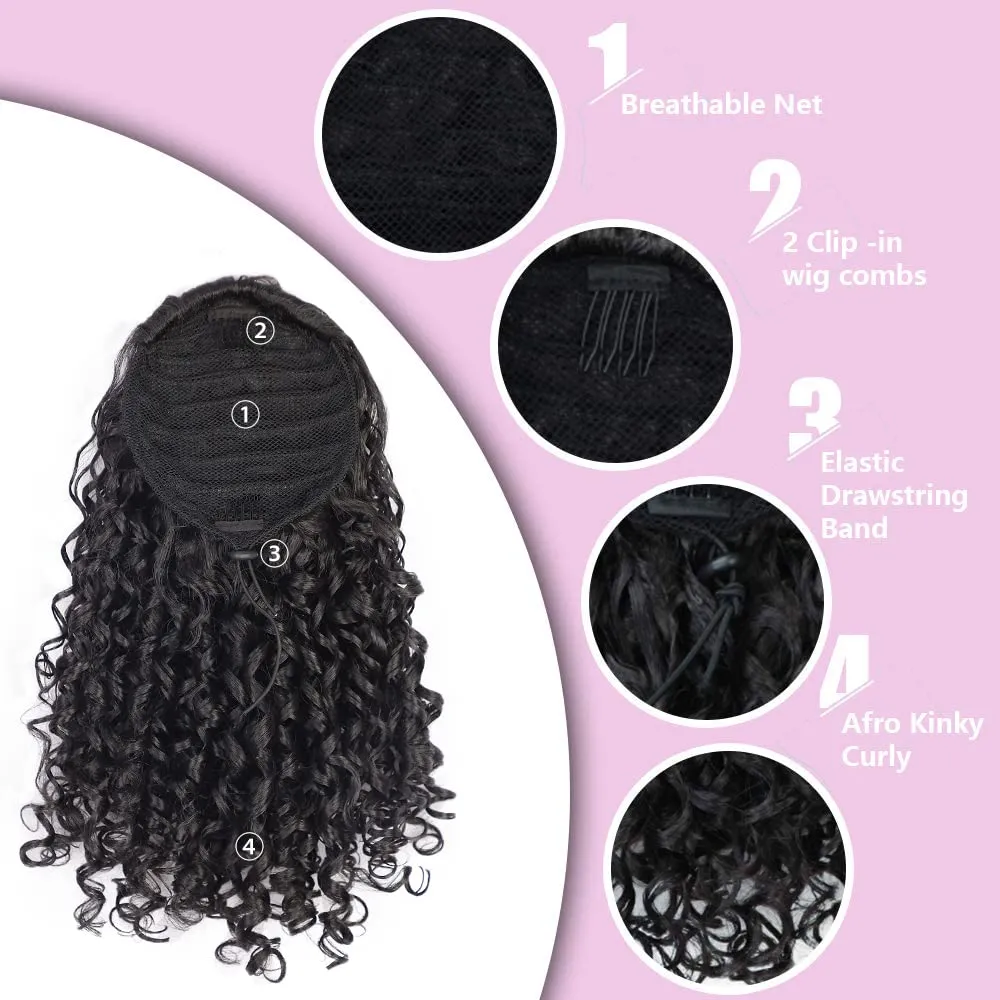 AISI BEAUTY Black Curly Ponytail Extension Drawstring Ponytail for Black Women 14 Inch Fake Pony Tail Synthetic Ponytail with 2 Clips in(Jet Black)