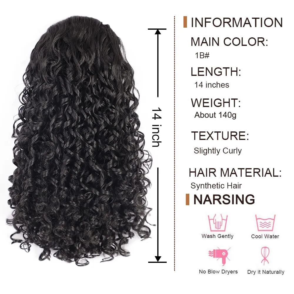 AISI BEAUTY Black Curly Ponytail Extension Drawstring Ponytail for Black Women 14 Inch Fake Pony Tail Synthetic Ponytail with 2 Clips in(Jet Black)