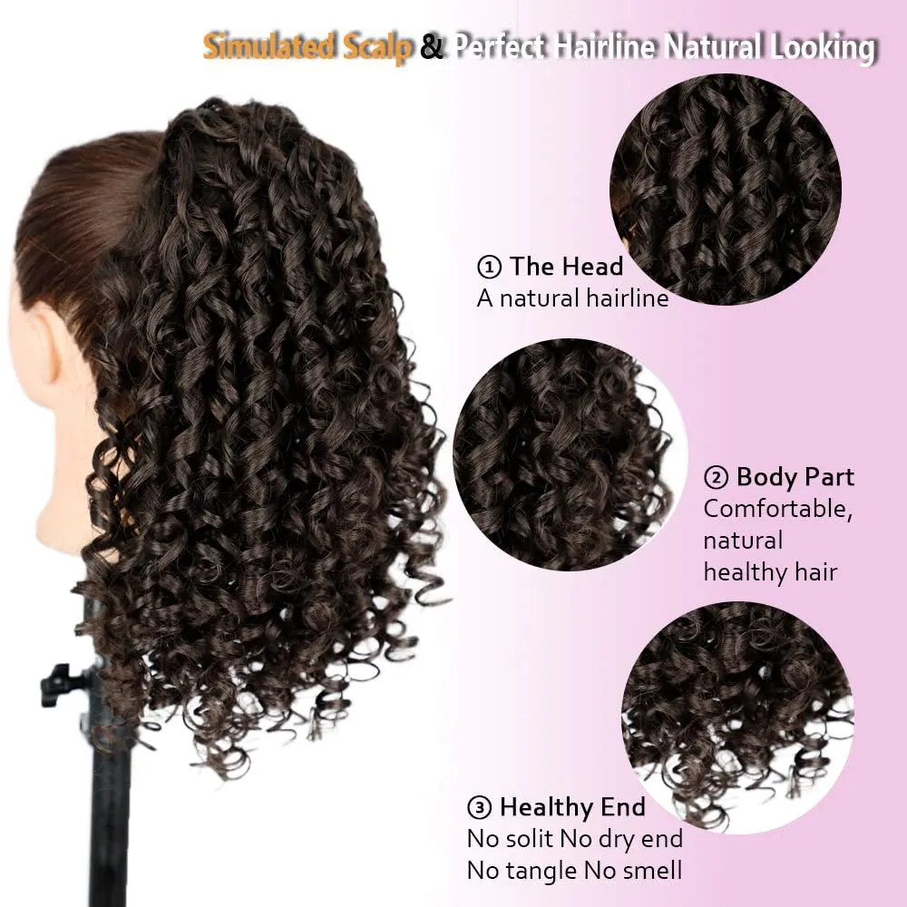 AISI BEAUTY Curly Ponytail Extension Drawstring Ponytails for Black Women Synthetic Curly Drawstring Ponytail with 2 Clips on Ponytails for Women (Dark Brown)