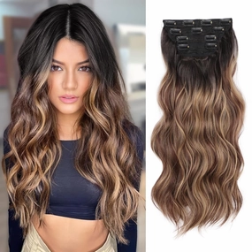 AISI BEAUTY Clip in Hair Extensions for Women Long Wavy Synthetic Brown Highlight Hair Extension 20 Inch 4PCS Natural Thick Hairpieces (Brown Mixed Blonde)