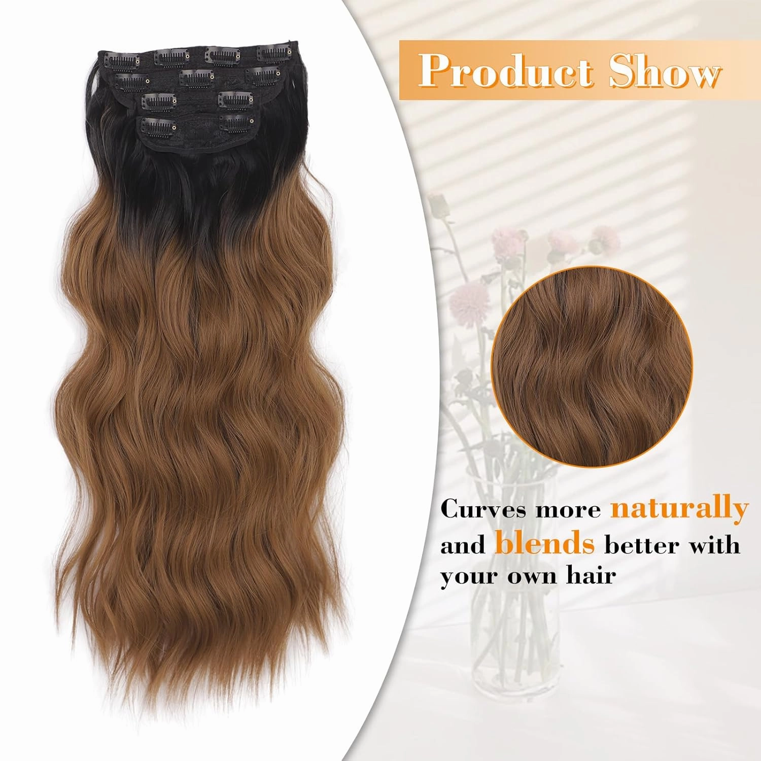 AISI BEAUTY Clip in Synthetic Hair Extensions 4PCS 20 Inch Long Wavy Hair Extensions Natural Thick Hairpieces for Women Daily and Part Use(Black to Brown)