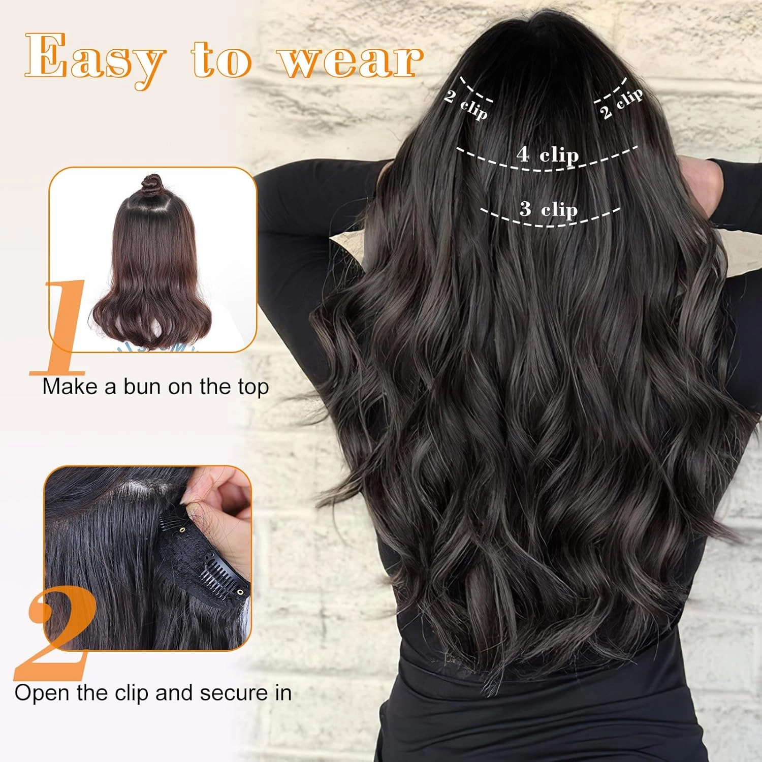 AISI BEAUTY Clip in Synthetic Hair Extensions 4PCS 20 Inch Long Wavy Hair Extensions Natural Thick Hairpieces for Women Daily and Part Use(Black to Brown)