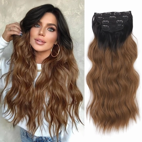 AISI BEAUTY Clip in Synthetic Hair Extensions 4PCS 20 Inch Long Wavy Hair Extensions Natural Thick Hairpieces for Women Daily and Part Use(Black to Brown)