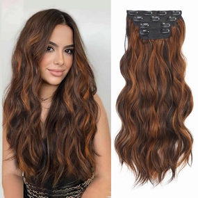 AISI BEAUTY Long Wavy Dark Brwon with Auburn Hair Extensions Clip in Synthetic Hair Extensions for Women 20 Inch 4PCS Thick Blonde Hairpiece（Dark Brwon with Auburn）
