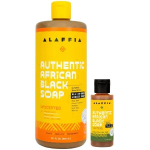Alaffia Authentic African Black Soap Variety 2-Pack – All-In-One Liquid Soap, Travel-Size Eucalyptus Tea Tree   Full-Size Unscented Body Wash, Face Wash, Shampoo, Shaving Soap