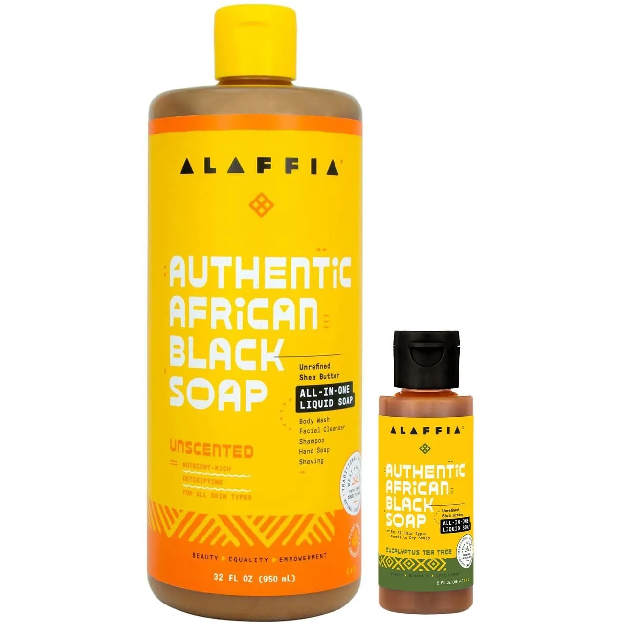 Alaffia Authentic African Black Soap Variety 2-Pack – All-In-One Liquid Soap, Travel-Size Eucalyptus Tea Tree   Full-Size Unscented Body Wash, Face Wash, Shampoo, Shaving Soap