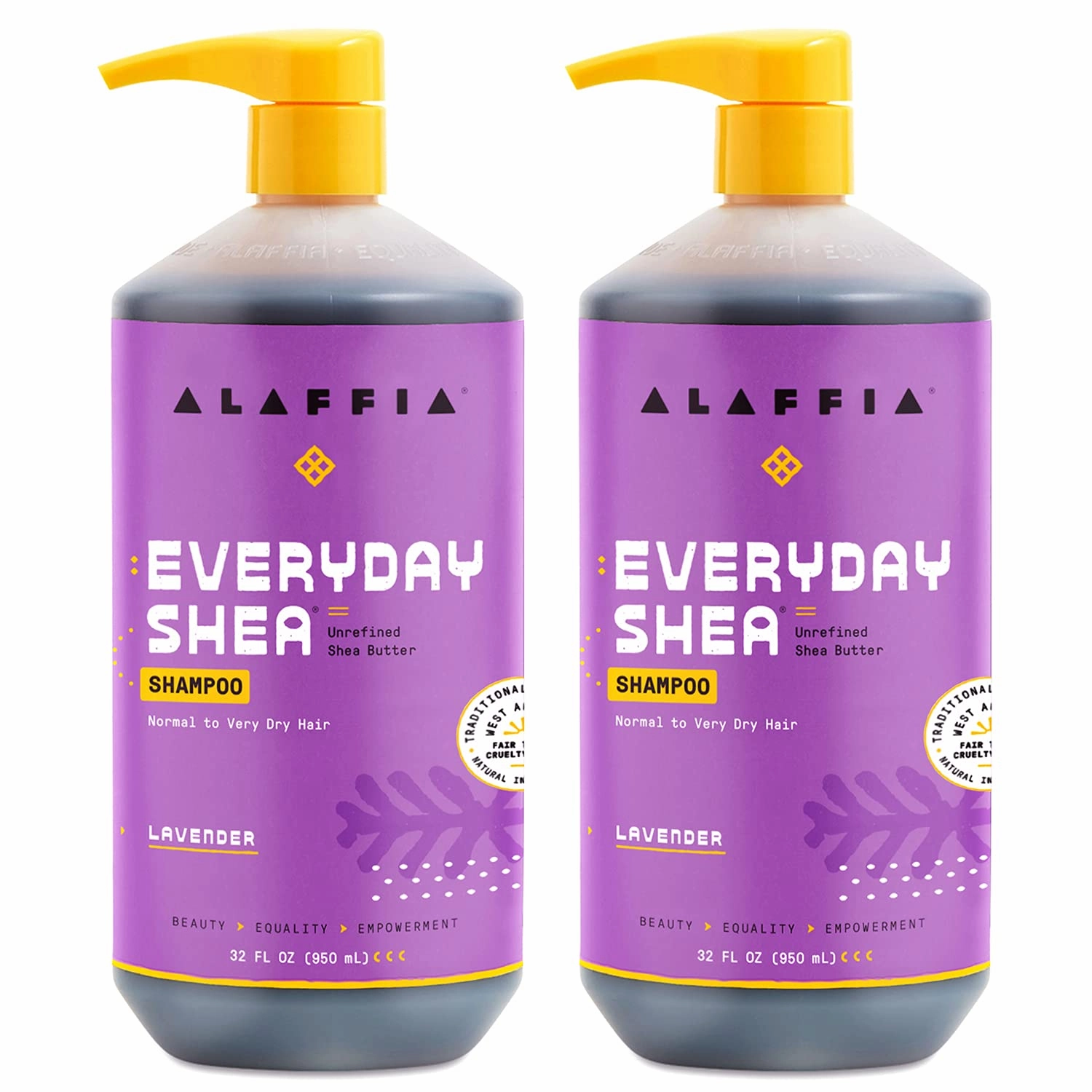 Alaffia EveryDay Shea Shampoo, Gentle Cleansing Shampoo for Normal to Dry Hair, Made with Fair Trade Unrefined Shea Butter, No Parabens or Phthalates, Lavender, 2 pack - 32 Fl Oz Ea