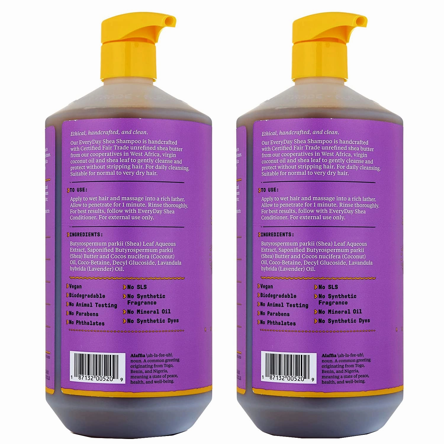 Alaffia EveryDay Shea Shampoo, Gentle Cleansing Shampoo for Normal to Dry Hair, Made with Fair Trade Unrefined Shea Butter, No Parabens or Phthalates, Lavender, 2 pack - 32 Fl Oz Ea