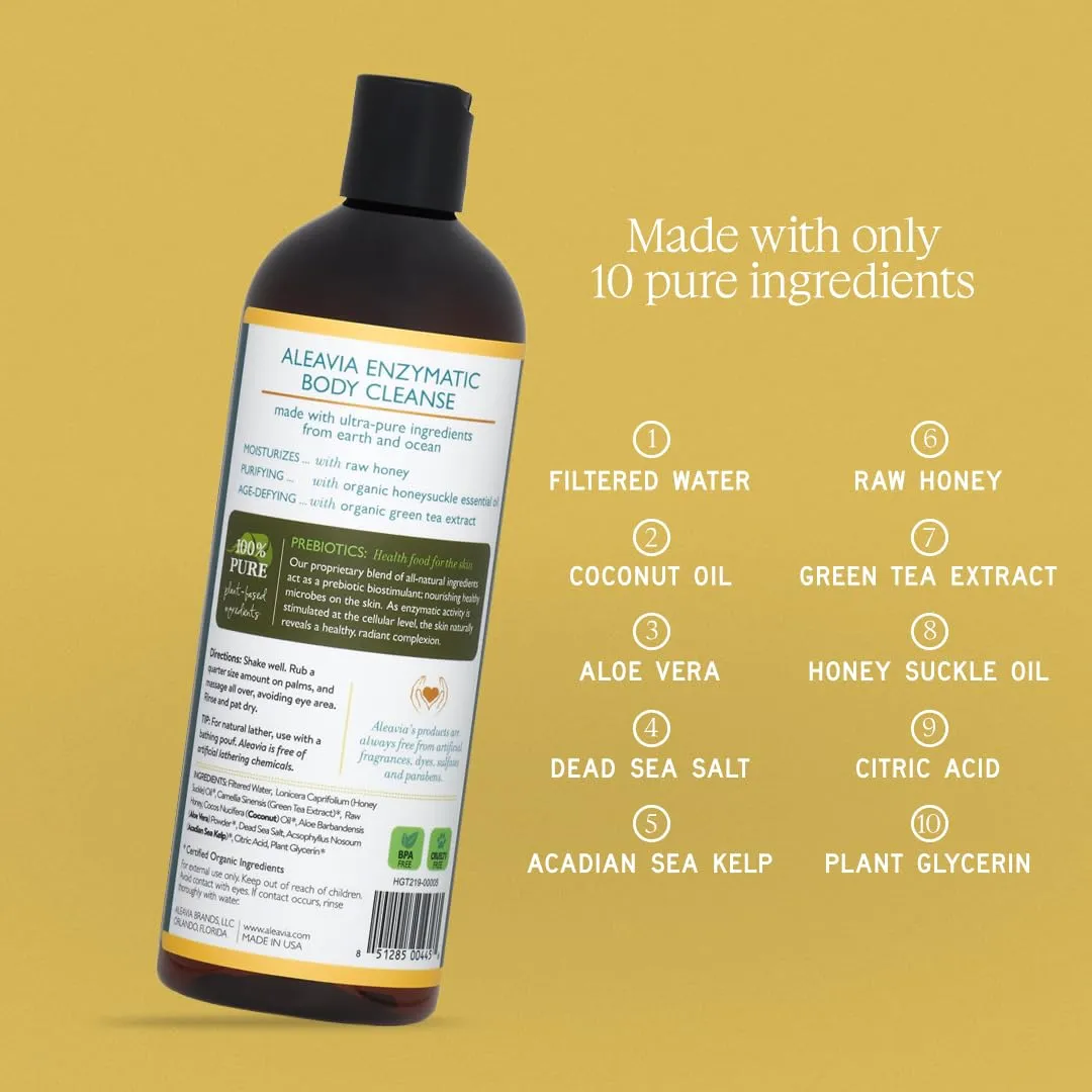 Aleavia Body Cleanse – Organic & All-Natural Prebiotic Body Wash with Raw Honey – Green Tea Honeysuckle Scent – 16 Oz.