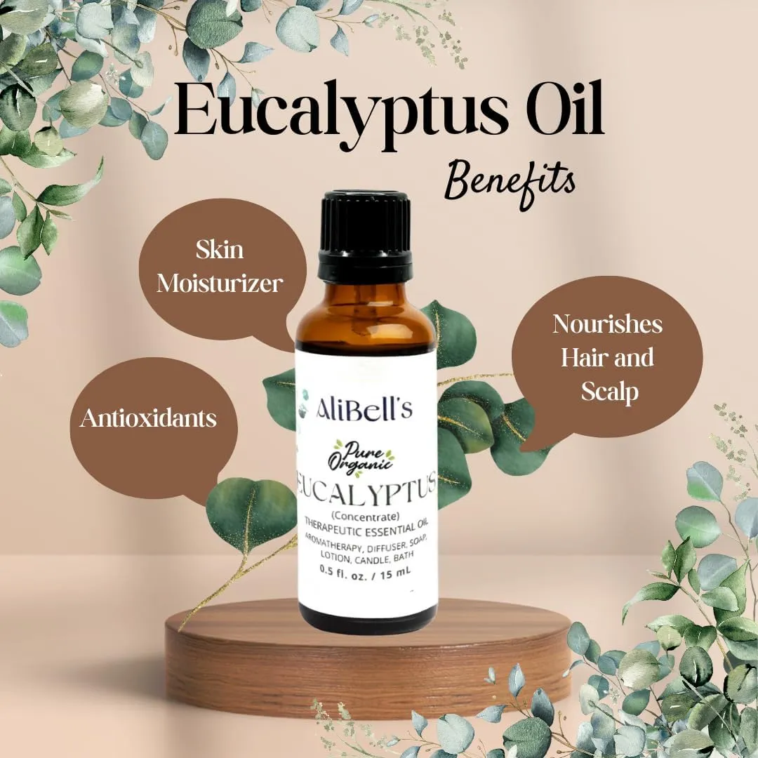 AliBell's- Essential Oils Eucalyptus - Essential Oils for Diffuser - 15 ml Undiluted Therapeutic Grade A Organic Concentrate, Multi-Purpose- Aromatherapy, Humidifier, Bath, Soap Making, Hair Care